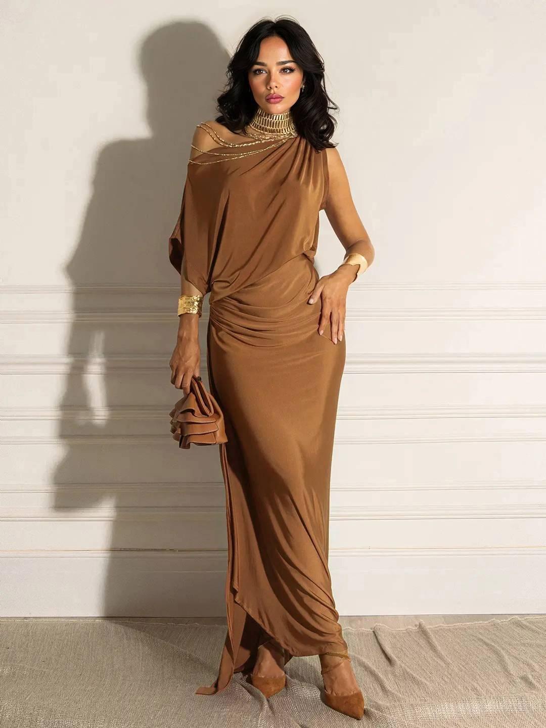 Aurohaya Oblique Collar Off-Shoulder Pleated Maxi Dress Orange-brown