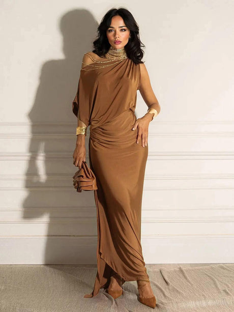 Aurohaya Oblique Collar Off-Shoulder Pleated Maxi Dress Orange-brown