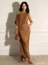 Aurohaya Oblique Collar Off-Shoulder Pleated Maxi Dress Orange-brown