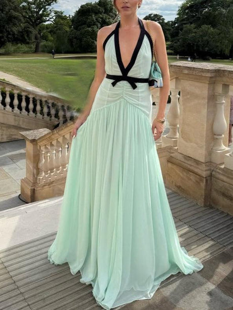 Aurohaya Elegant V-neck Bow Chiffon Flowing Maxi Dress