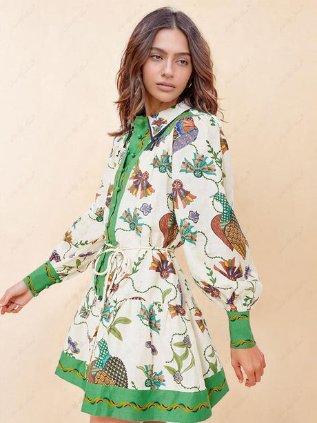 Aurohaya Unique Print Color Match Balloon Sleeve Shirt Mini Dress