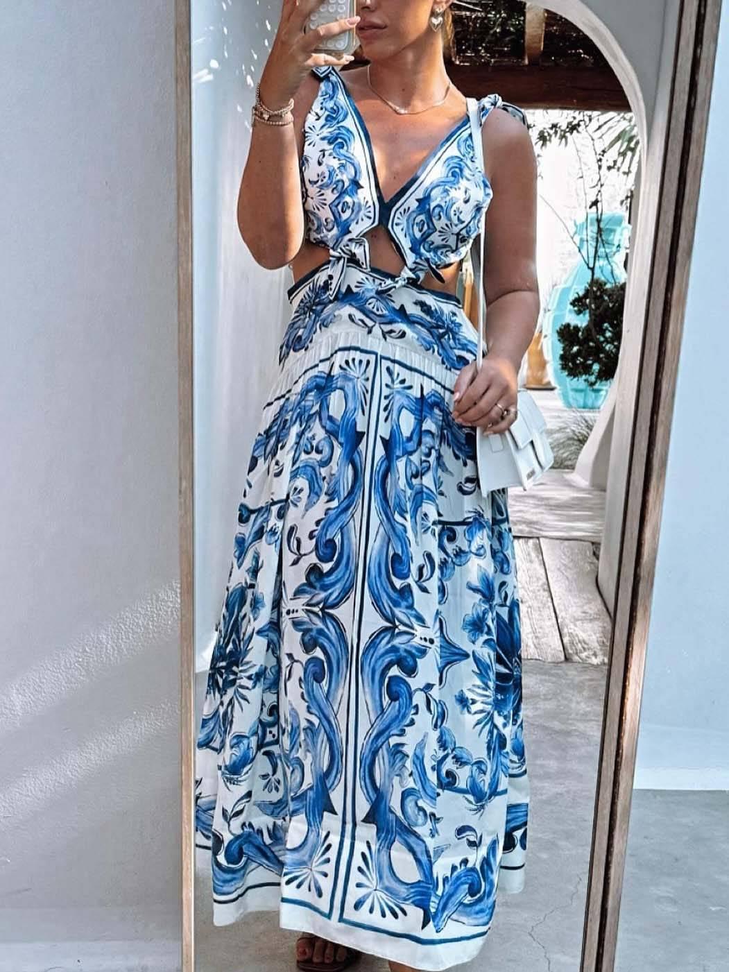 Aurohaya Printed Lace-Up Midi Dress