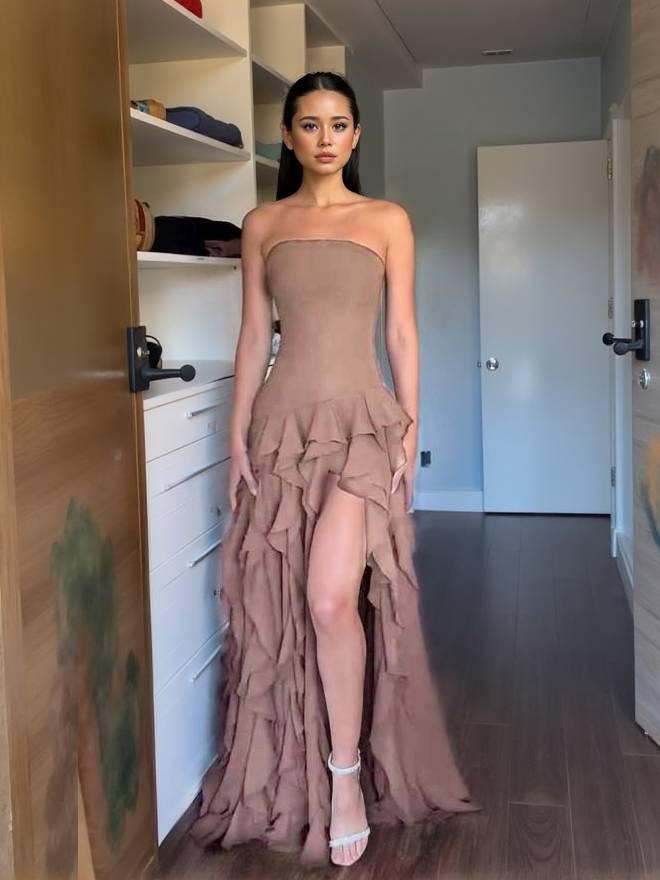 Aurohaya Tube Top Multi-layer Ruffled Side Slit Maxi Dress Brown