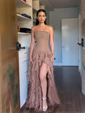 Aurohaya Tube Top Multi-layer Ruffled Side Slit Maxi Dress Brown