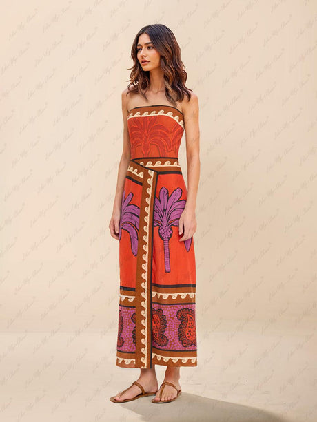 Aurohaya Unique Palm Tree Floral Off-Shoulder Midi Dress