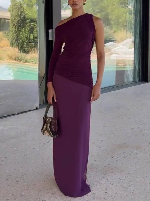 Aurohaya Single-sleeve Asymmetric Design Side Slit Maxi Dress