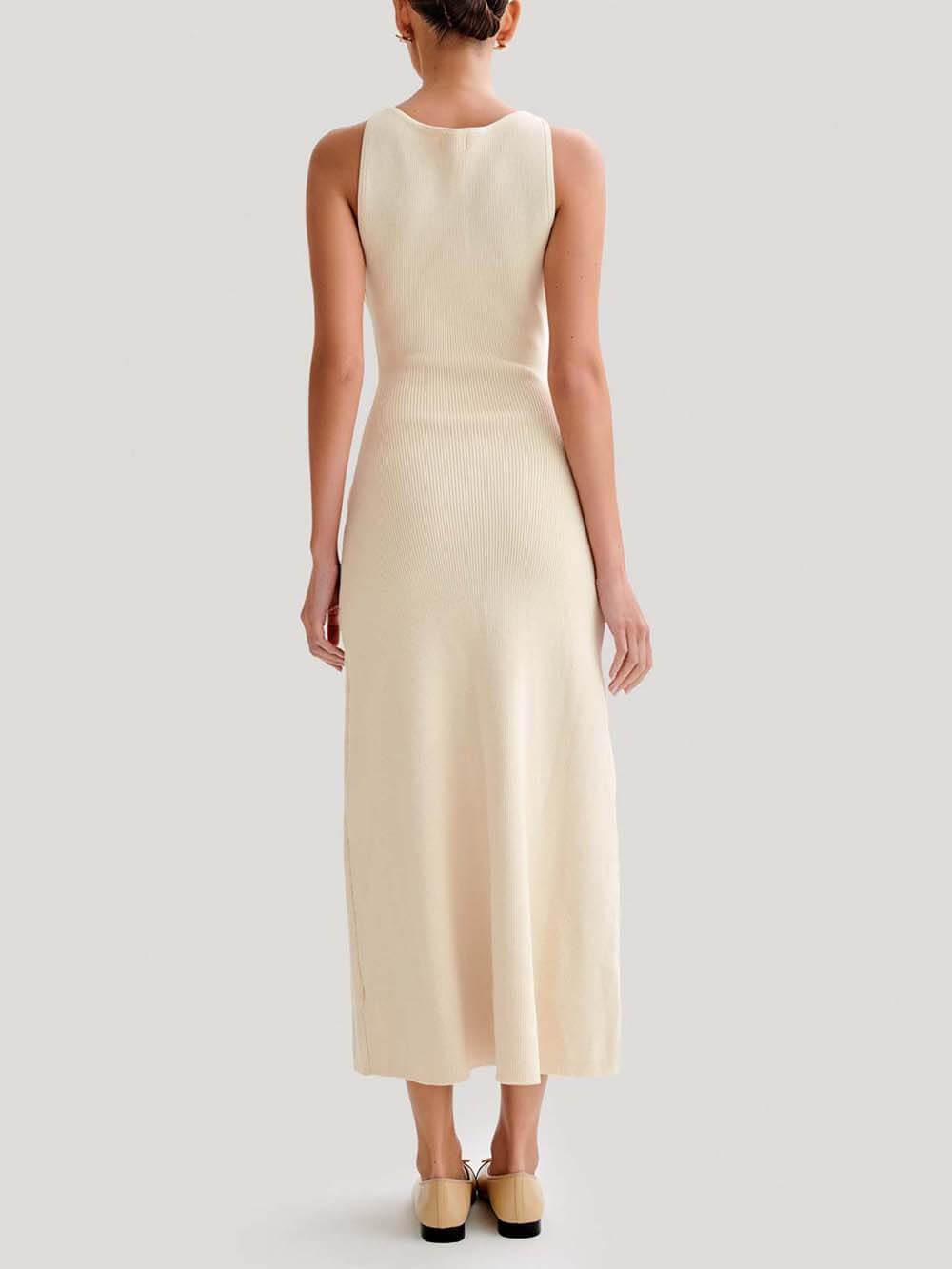Aurohaya Elegant Crew Neck Buttoned Sleeveless Knit Midi Dress