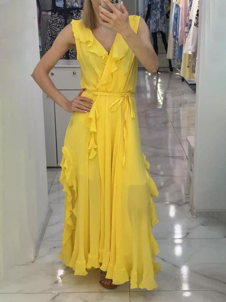 Aurohaya Elegant Ruffled V-Neck High-Slit Maxi Dress Yellow