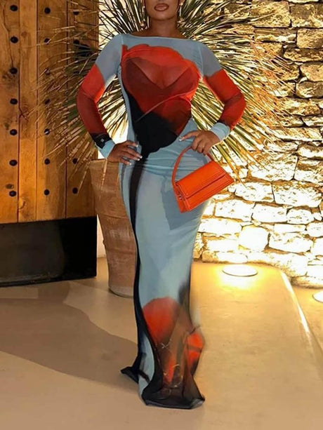 Aurohaya Mesh Floral Print Round Neck Long Sleeve Stretch Maxi Dress