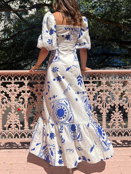 Aurohaya Vacation Puff Sleeve Midi Dress