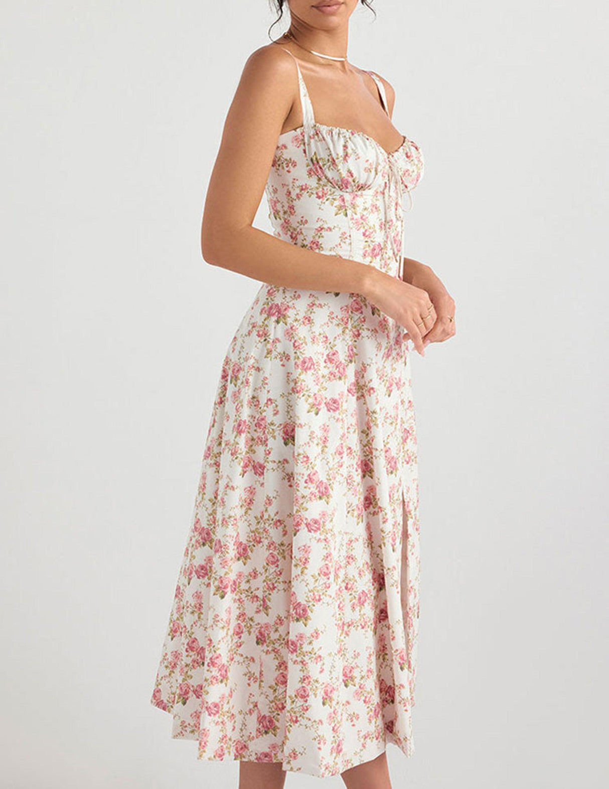 Aurohaya Rose Print Herringbone Slip Dress