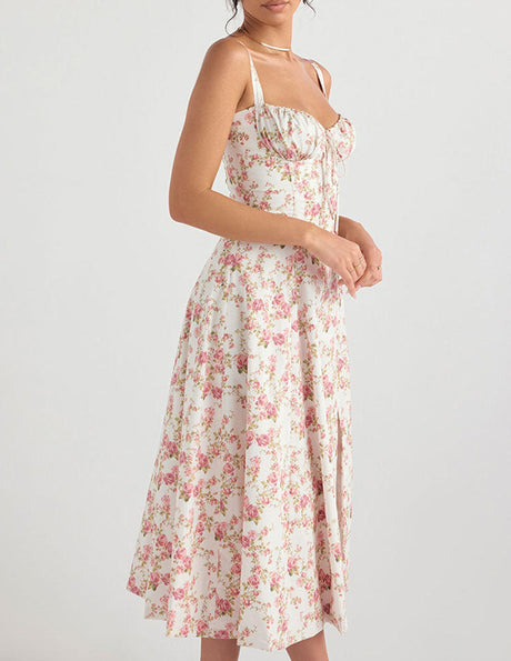 Aurohaya Rose Print Herringbone Slip Dress