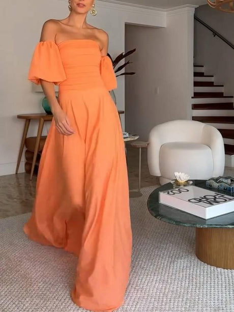 Aurohaya Pleated Tube Top Puff sleeves Maxi Dress