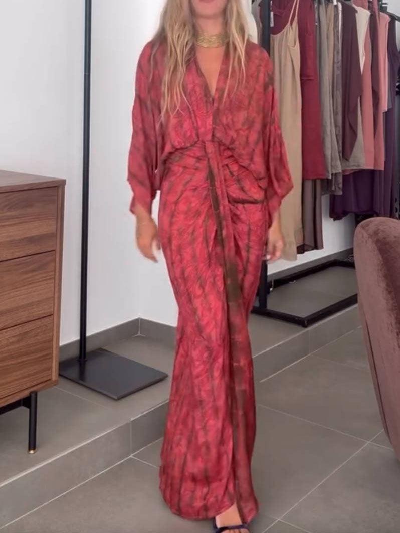 Aurohaya Bohemian Kimono-Inspired Tie-Dye Print Waist-Tie Maxi Dress Red