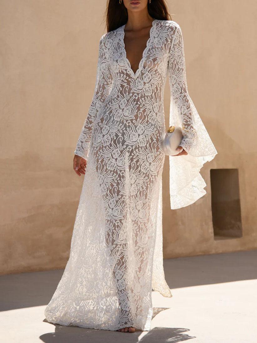 Aurohaya Elegant Lace Bell Sleeve Maxi Dress White