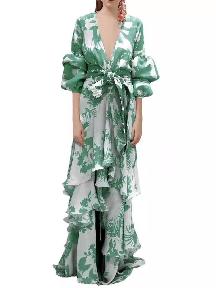 Aurohaya Unique Print Deep V Neck Dress Green