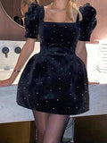 Square Collar Bubble Sleeve Pearl Mini Dress