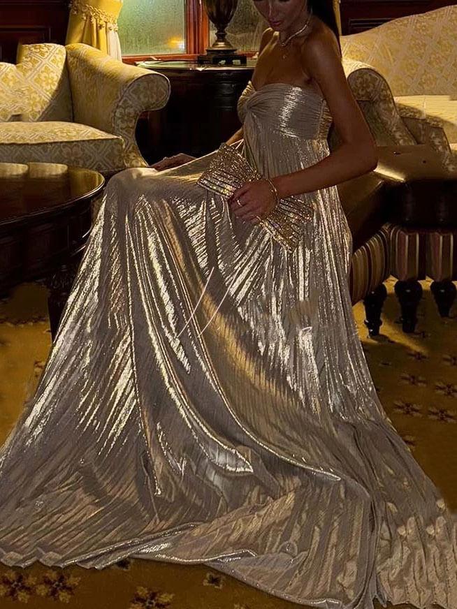 Aurohaya Metallic Pleated Off-The-Shoulder Maxi Dress
