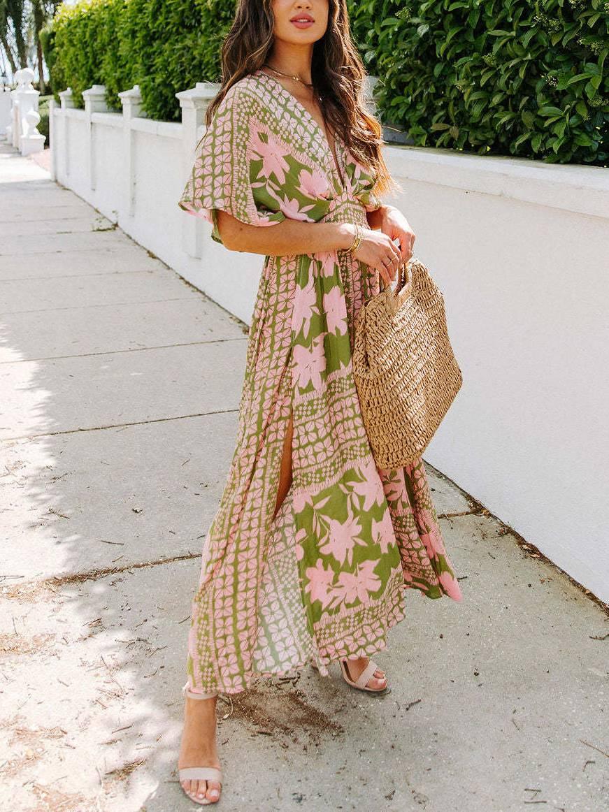 Aurohaya V-neck High Waist Slit Dress Green