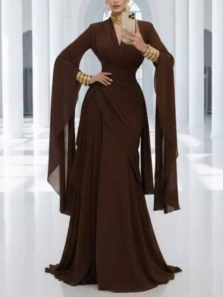 Aurohaya V-neck High-waisted A- Line Maxi Dress Brown