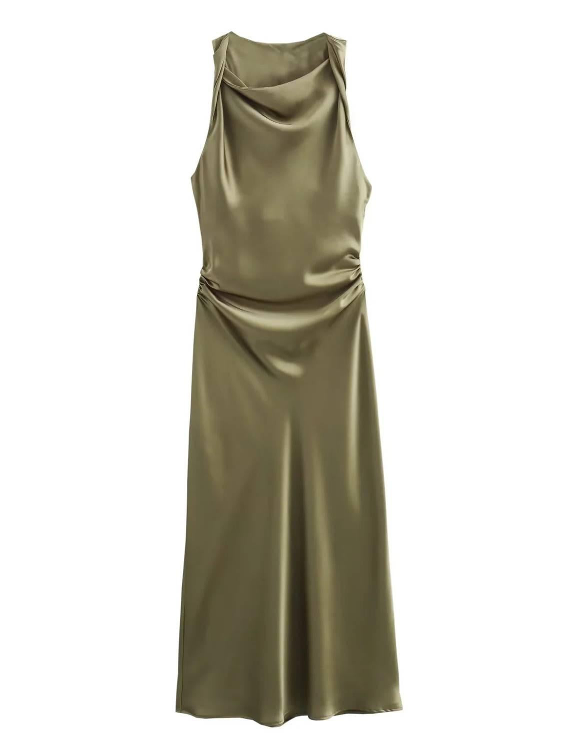 Aurohaya Sleeveless Satin Maxi Dress Green