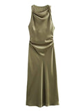 Aurohaya Sleeveless Satin Maxi Dress Green