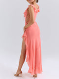 Waist Hollow Lace-up Ruffled Side Front Slit Maxi Dress