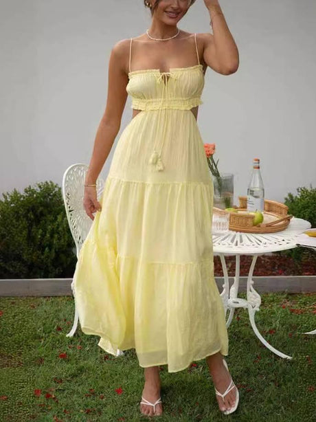 Aurohaya Sling Hollow Backless Large Pendulum Dress Yellow