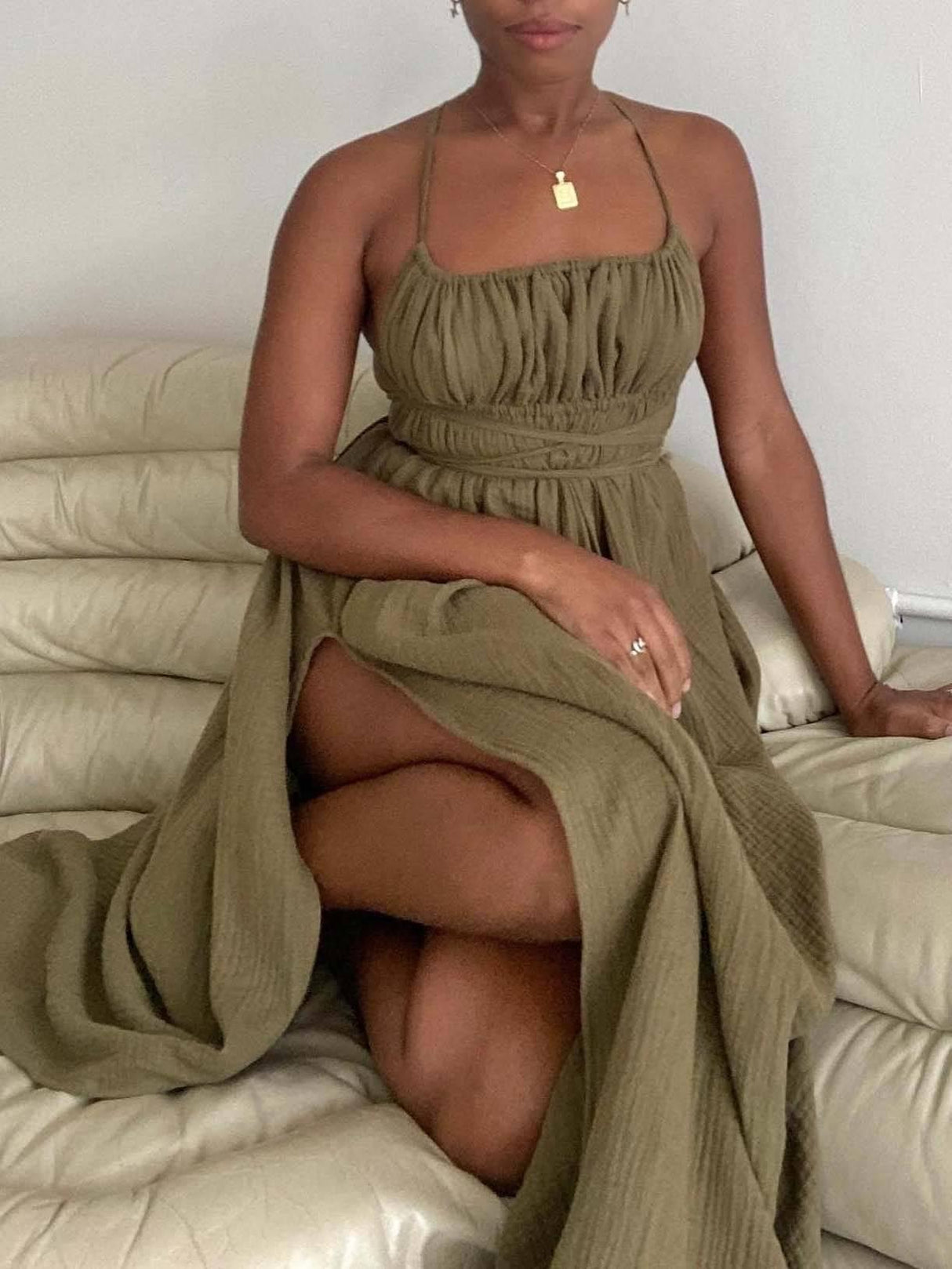 Aurohaya Tube Top Lace Up Side Slit Dress