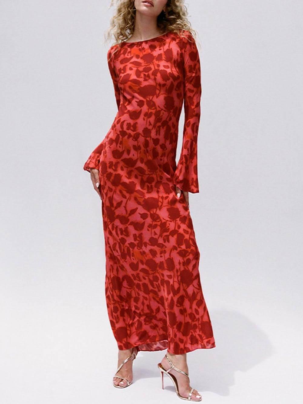 Aurohaya Unique Print Boat Neck Long Bell Sleeve Bias Cut Maxi Dress Red