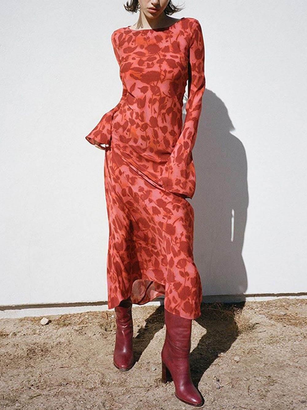 Aurohaya Unique Print Boat Neck Long Bell Sleeve Bias Cut Maxi Dress