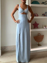 Aurohaya Elegant Lace Panel Cutout Slip Maxi Dress Blue