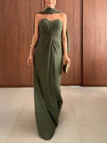 Aurohaya Elegant Twist Pleated Wrap Neck Party Maxi Dress Green