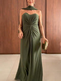 Aurohaya Elegant Twist Pleated Wrap Neck Party Maxi Dress
