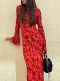 Unique Print Boat Neck Long Bell Sleeve Bias Cut Maxi Dress