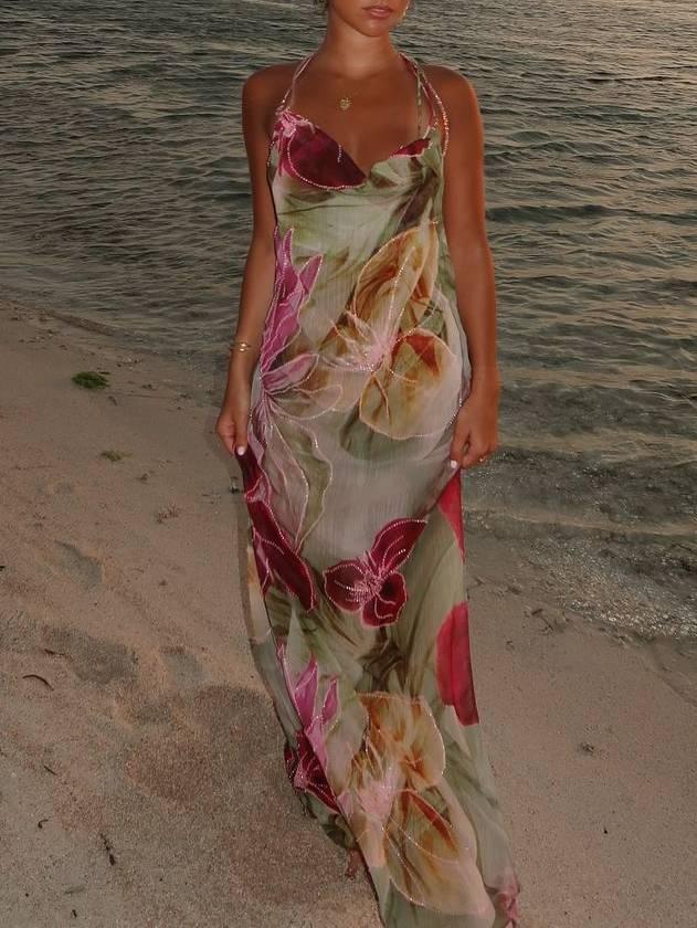 Aurohaya Halter Neck Backless High Slit Printed Dress