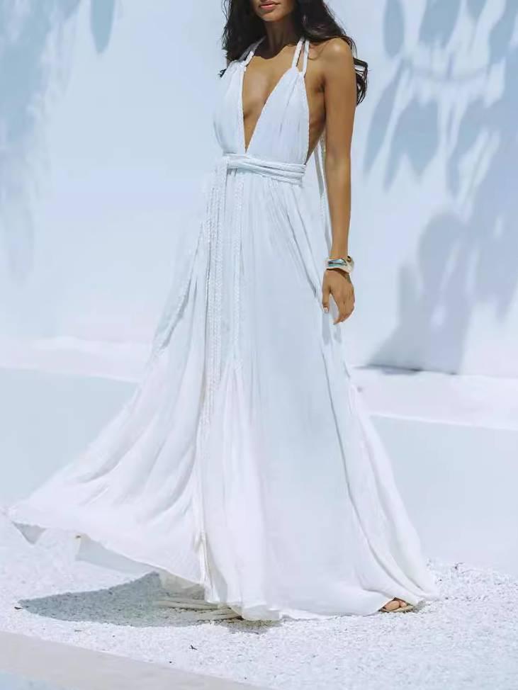 Aurohaya Large Swing Backless Strap Dress White F