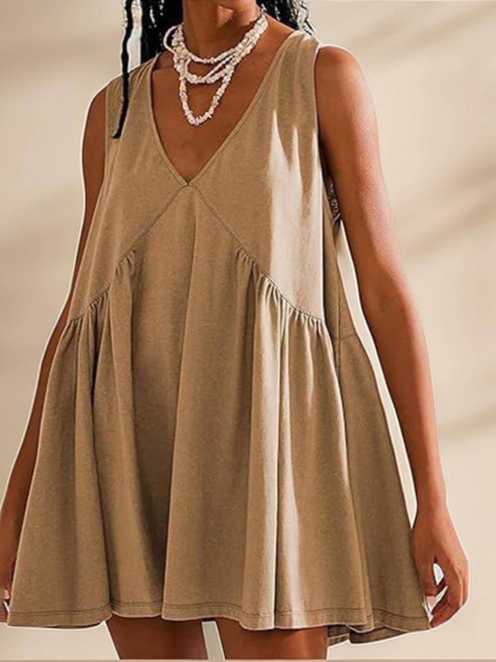 Aurohaya Deep V Wide Strap Mini Tank Dress Khaki