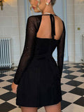 Flash Mesh Long Sleeve Back Lace-Up Mini Dress