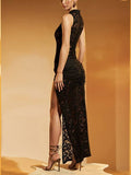 Lace Hollow High Slit Maxi Dress