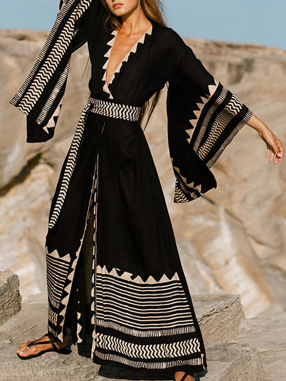 Aurohaya Black Bohemia Slit Long Sleeve Beach Cover Up