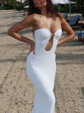 Metal Button Hollow Chest Wrap Long Maxi Dress