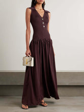 Aurohaya Fashion Knitted Corset Patchwork A-line Pleated Maxi Dress Brown