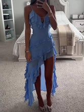 Aurohaya Irregular Ruffle Suspender Dress Blue