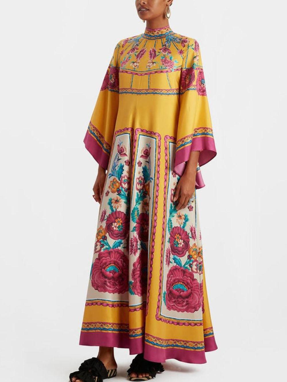 Aurohaya Vintage Exquisite Pattern Print Loose Maxi Dress