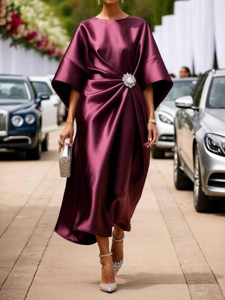 Aurohaya Elegant Pleated Design Maxi Dress Wine Red