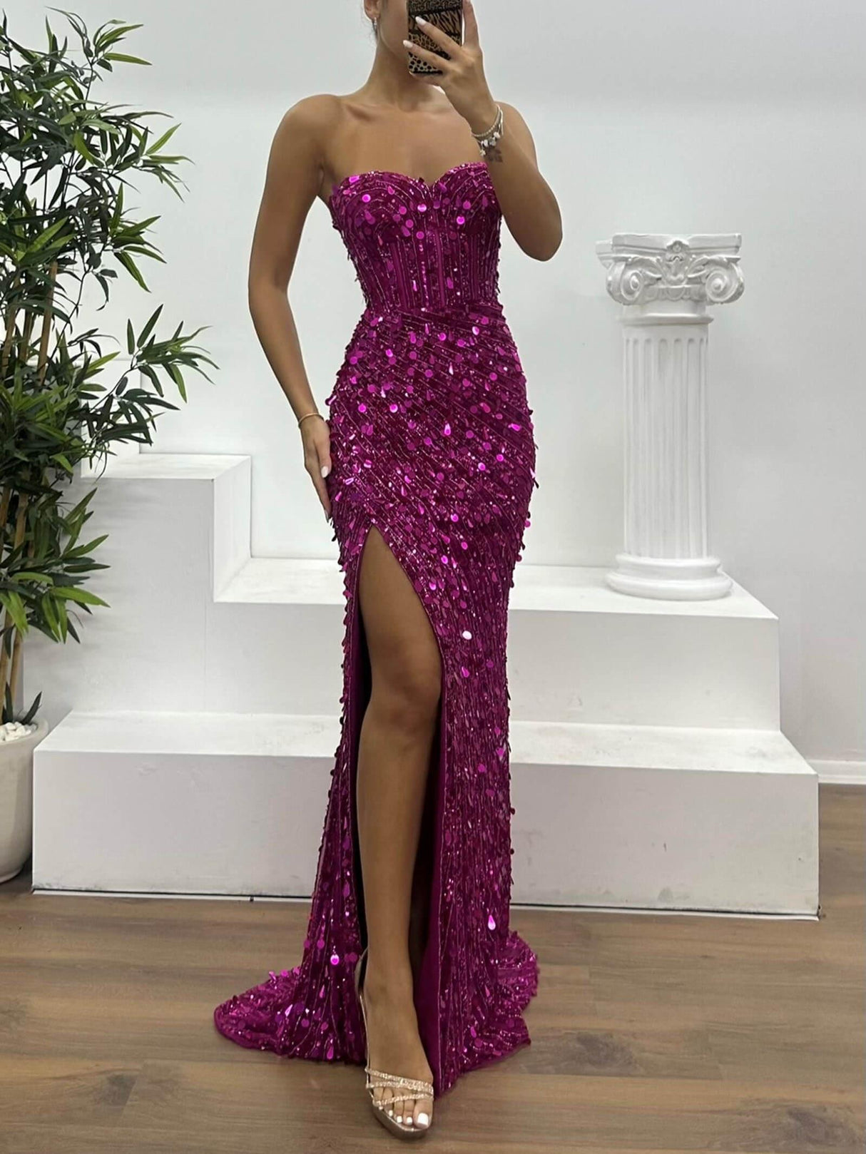 Aurohaya Off-The-Shoulder Sequined Side-Slit Gown Dress
