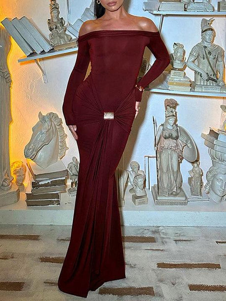 Aurohaya One-Shoulder Strappy Long-sleeved Slim Fit Wrap Dress Red