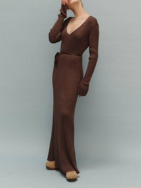 Aurohaya Minimalist Long Sleeve Knitted Maxi Dress