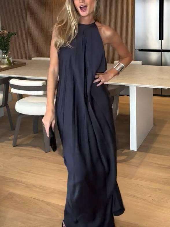 Aurohaya Minimalist Halter Neck Backless Maxi Dress